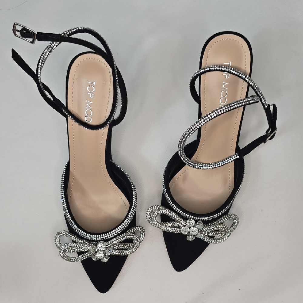 TOP Moda Black Elegant Heels with Crystal Embellishments